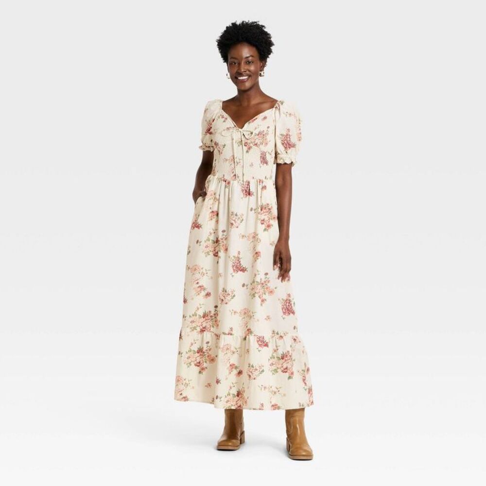 Universal Thread - Women's Western Puff Short Sleeve Smocked Midi A-L Cream